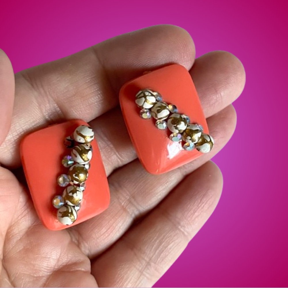 Vintage coral peach lucite (?) clip on earrings w/ AB crystals, beads
